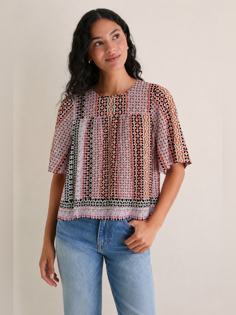 J.Crew 100% Cotton Geometric Print Blouse Womens Size 4 short sleeve *950